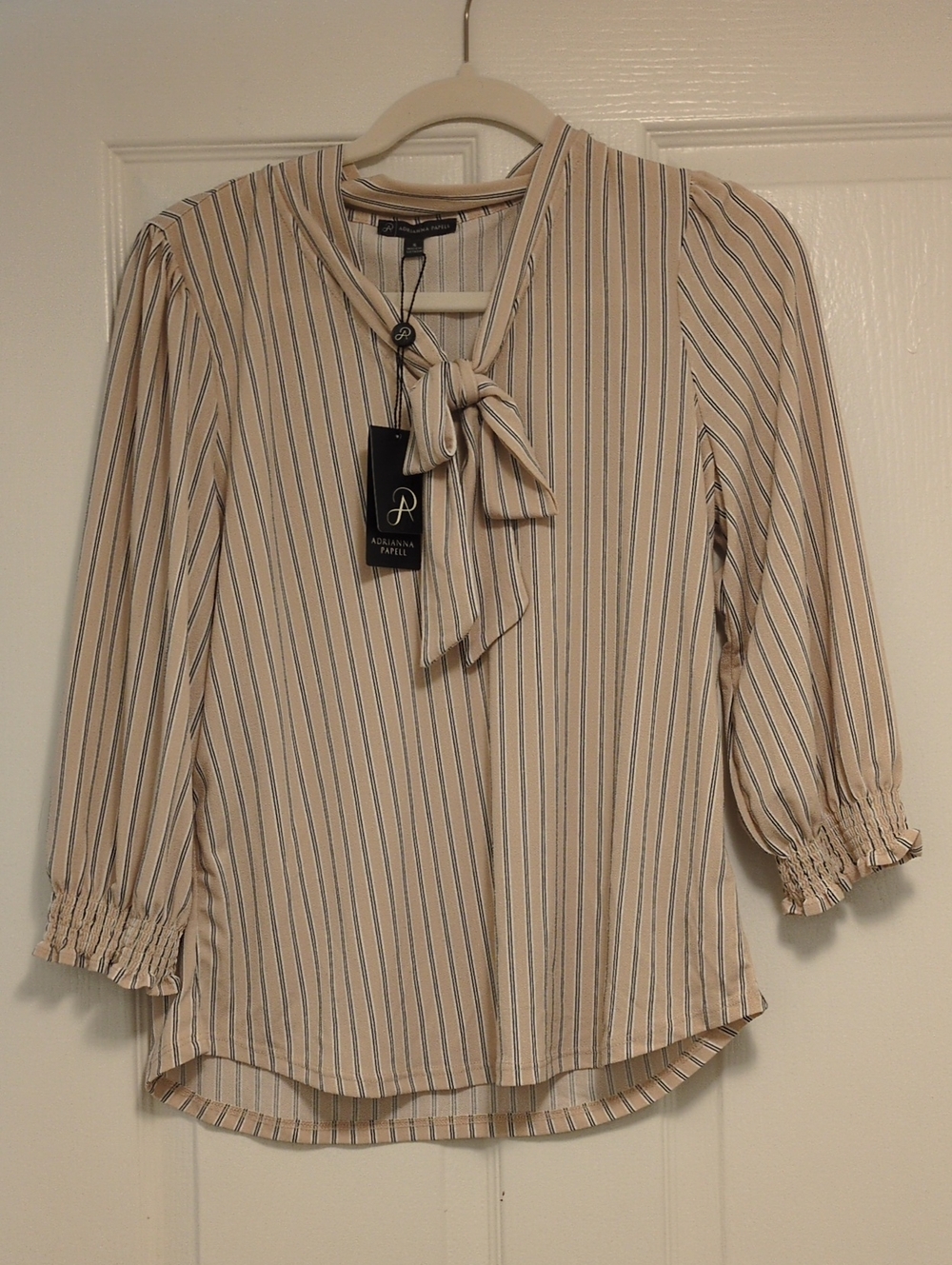 Adrianna Papell Cream and Black Striped Tie-Neck Blouse